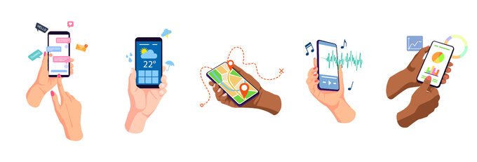 Hands holding, touching mobile phones displays, using apps.jpg